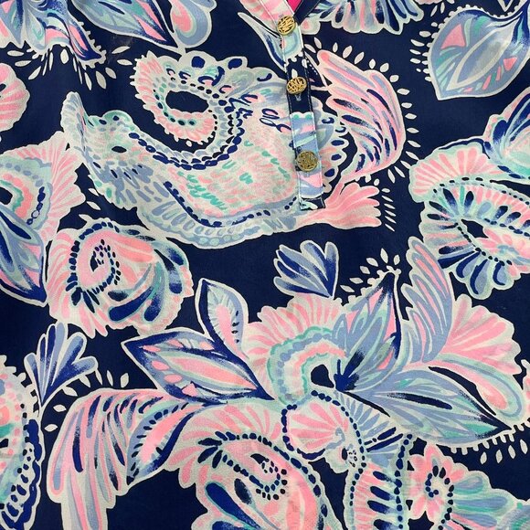 Lilly Pulitzer Elsa Top Navy Holy Flockamolie Long Sleeve Silk Blouse Small - Picture 5 of 10